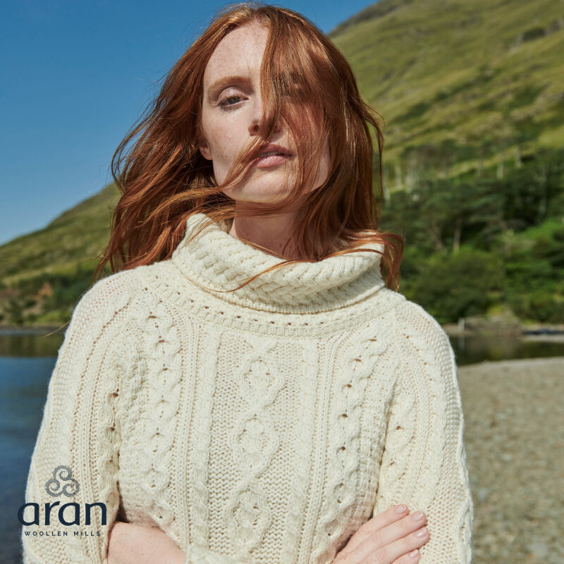 Aran Woollen Mills Aran Tunic Sweater With Vented Roll Neck Natural